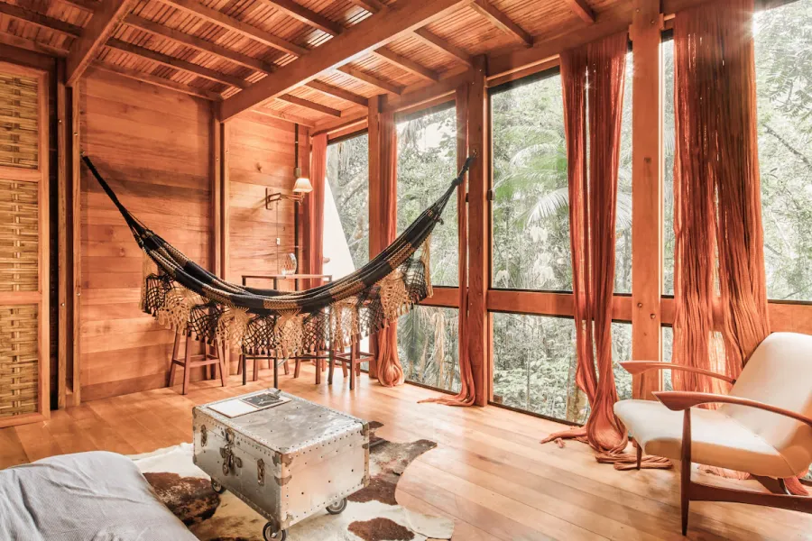 A room with a hammock and tall forest windows