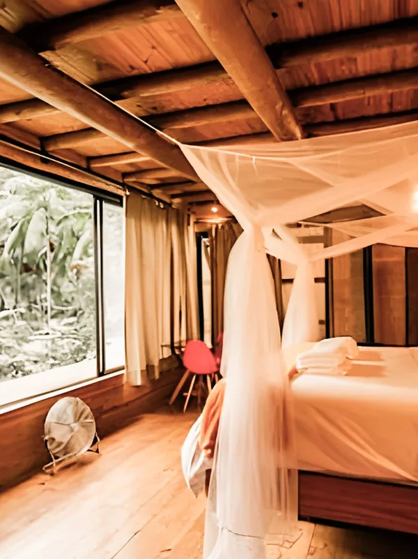 A bed under a canopy, open to the forest