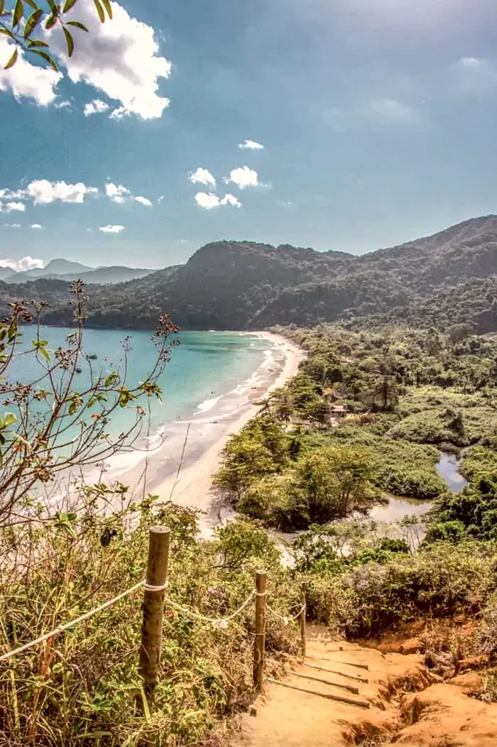 The green coast of Paraty, beach and rainforest from the trail